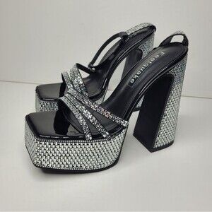 Silver Black Sparkly Platform Strappy Y2k Vibes Party Dance Chunky Heels Size 7